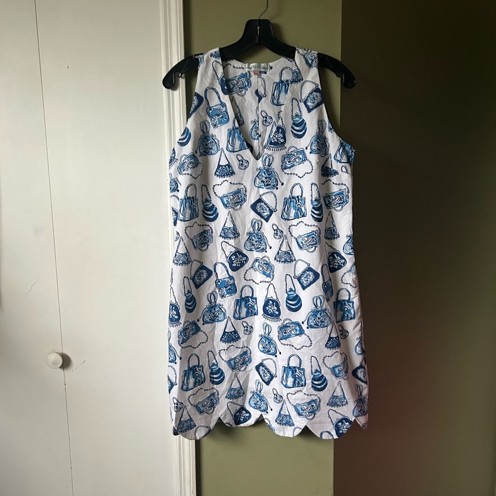 Blue and White Sleeveless Dress with Scalloped Hem